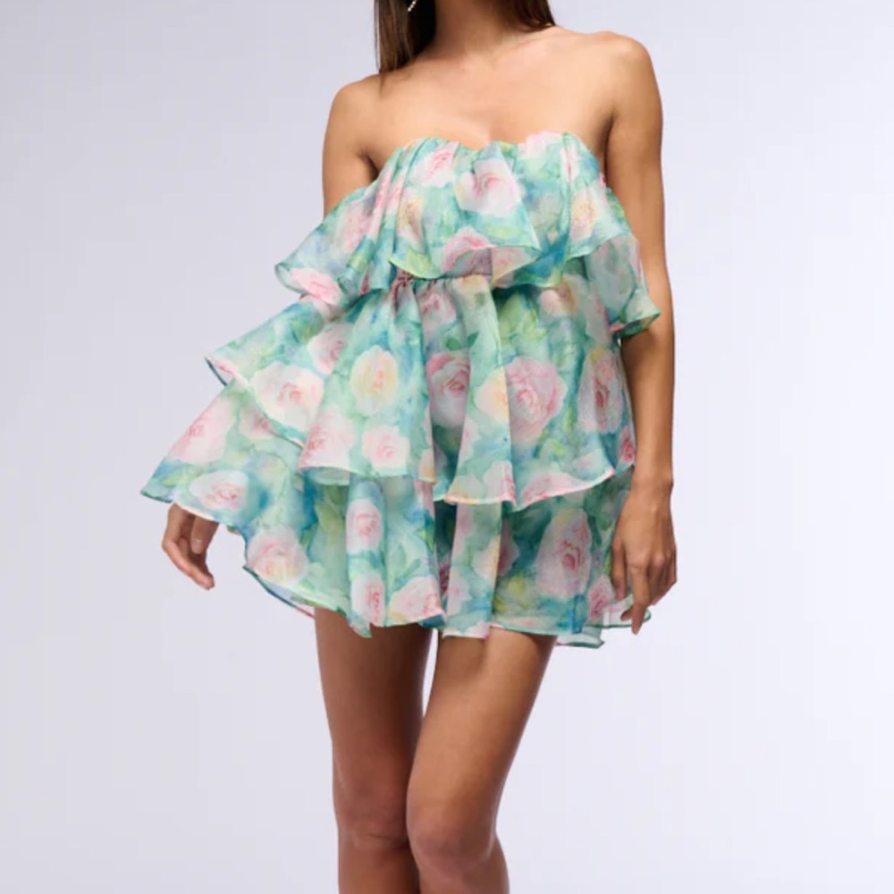 AKIRA Strapless Floral Dress - Blue and Pink